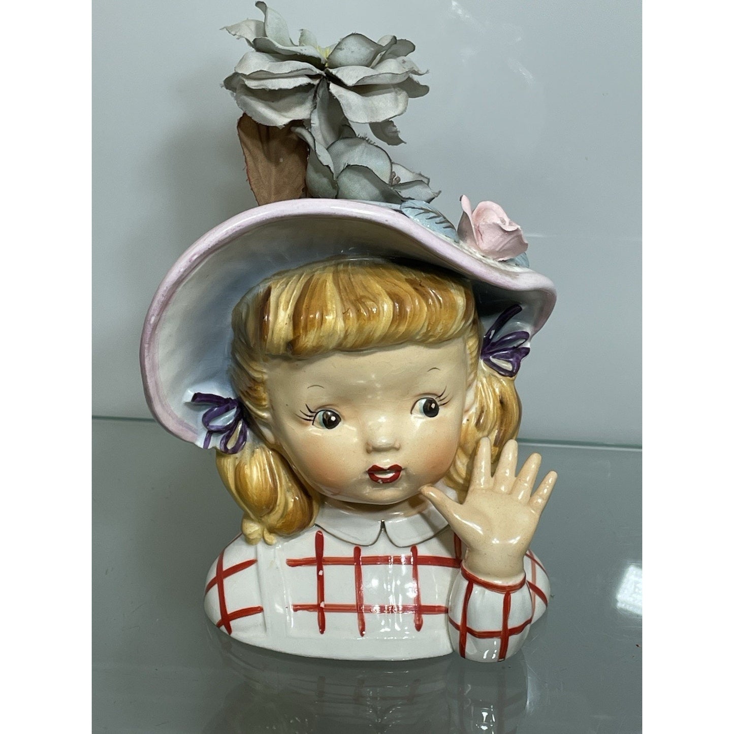 Vintage 6" Reliable Glassworks ? Lady Head Vase Young girl Child Waving Pigtails