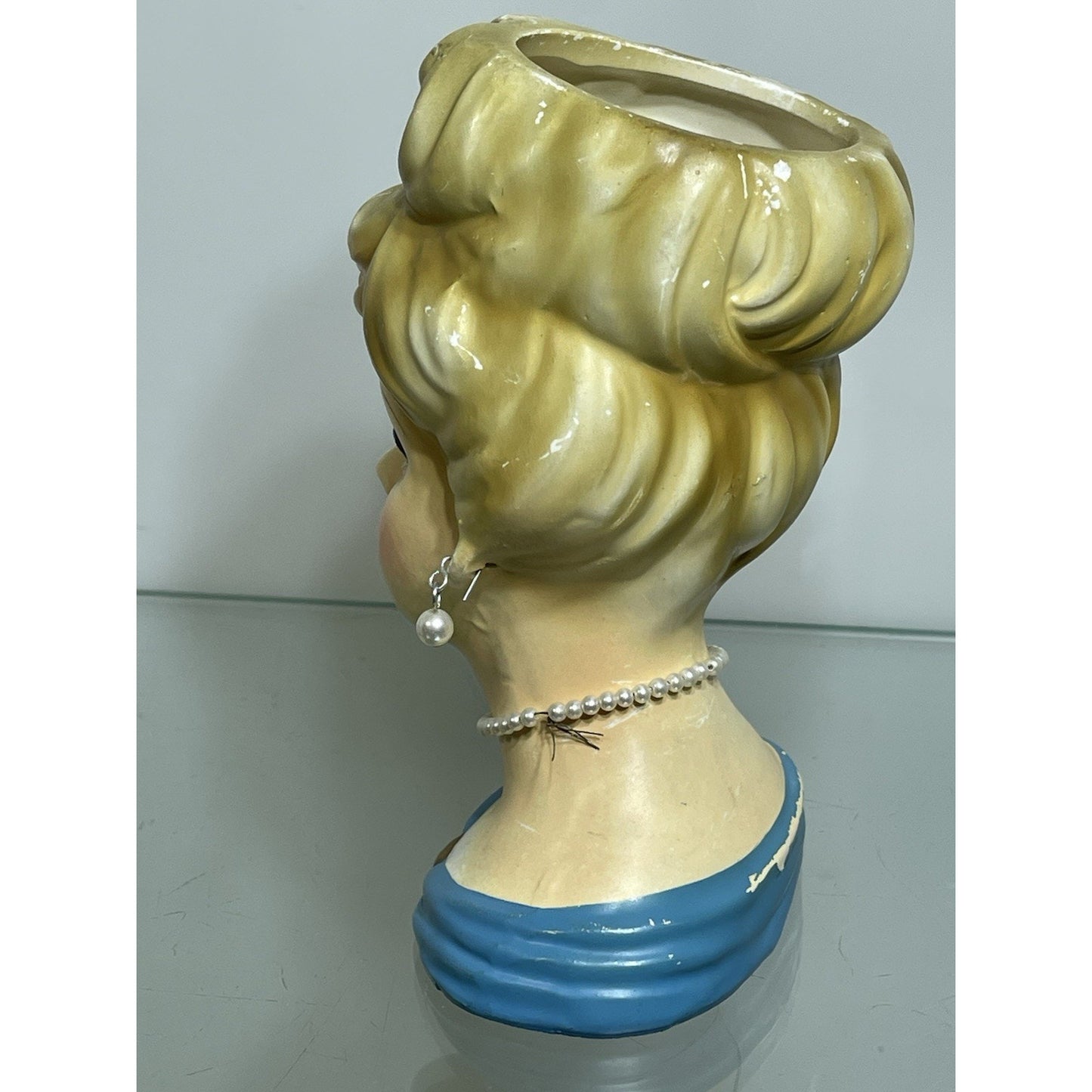 Rare 1950's Rubens Originals Lady Head Vase 4103 Blonde Curls Blue Dress 5.75"