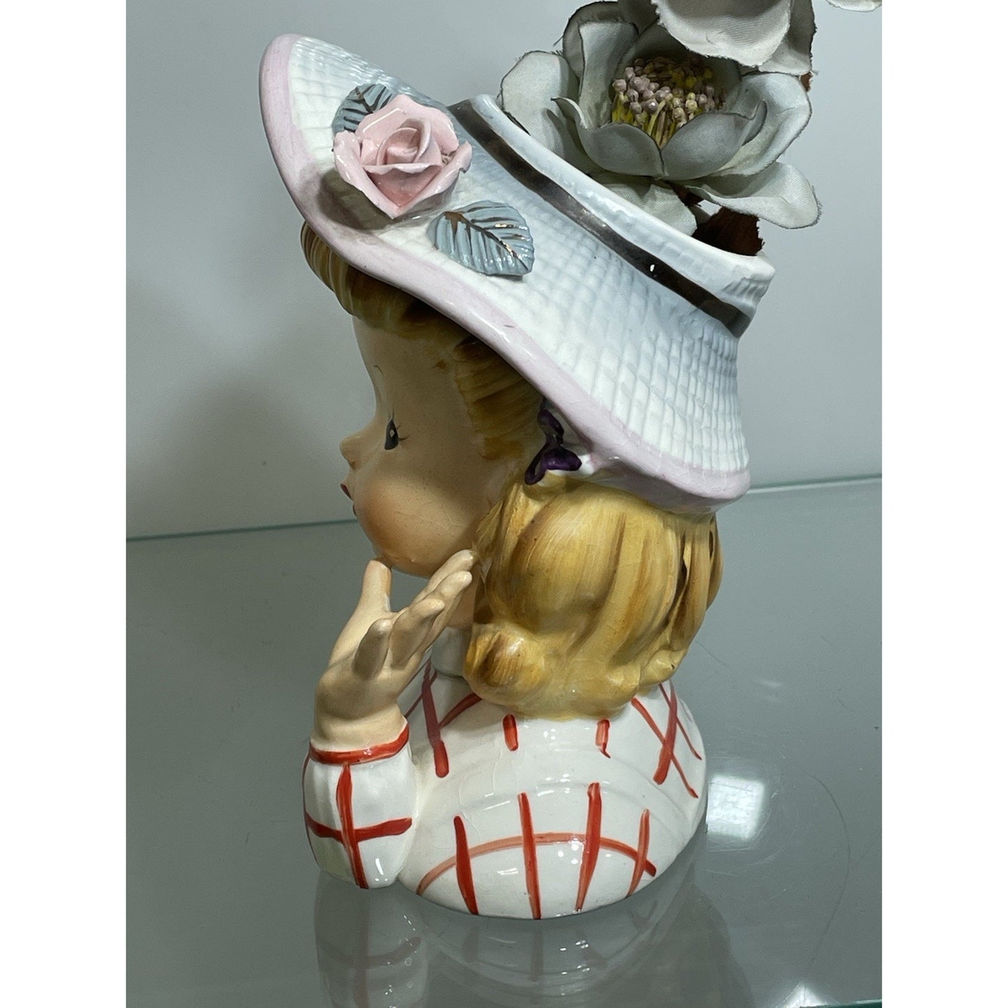 Vintage 6" Reliable Glassworks ? Lady Head Vase Young girl Child Waving Pigtails