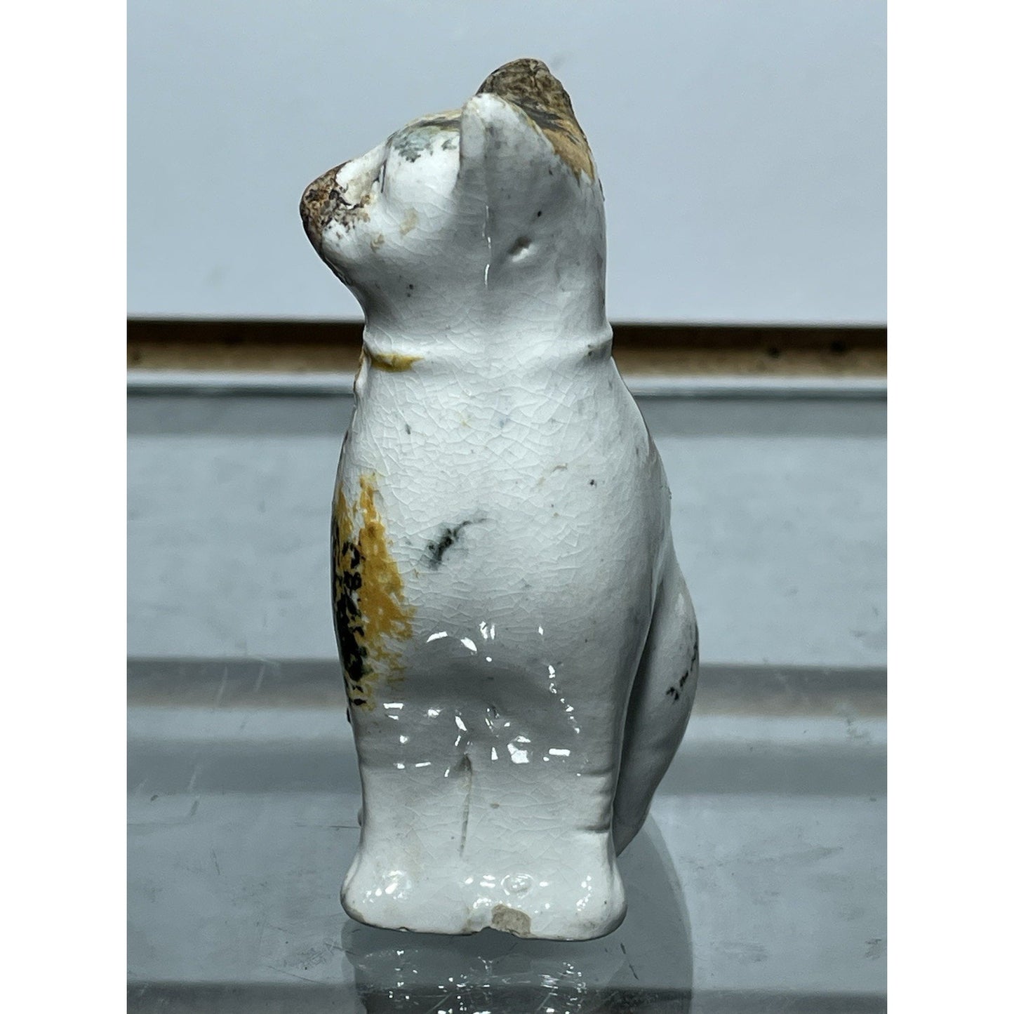 Antique Staffordshire Sponge ware Cat 3.5” Figurine Pottery c1800s Orange Black