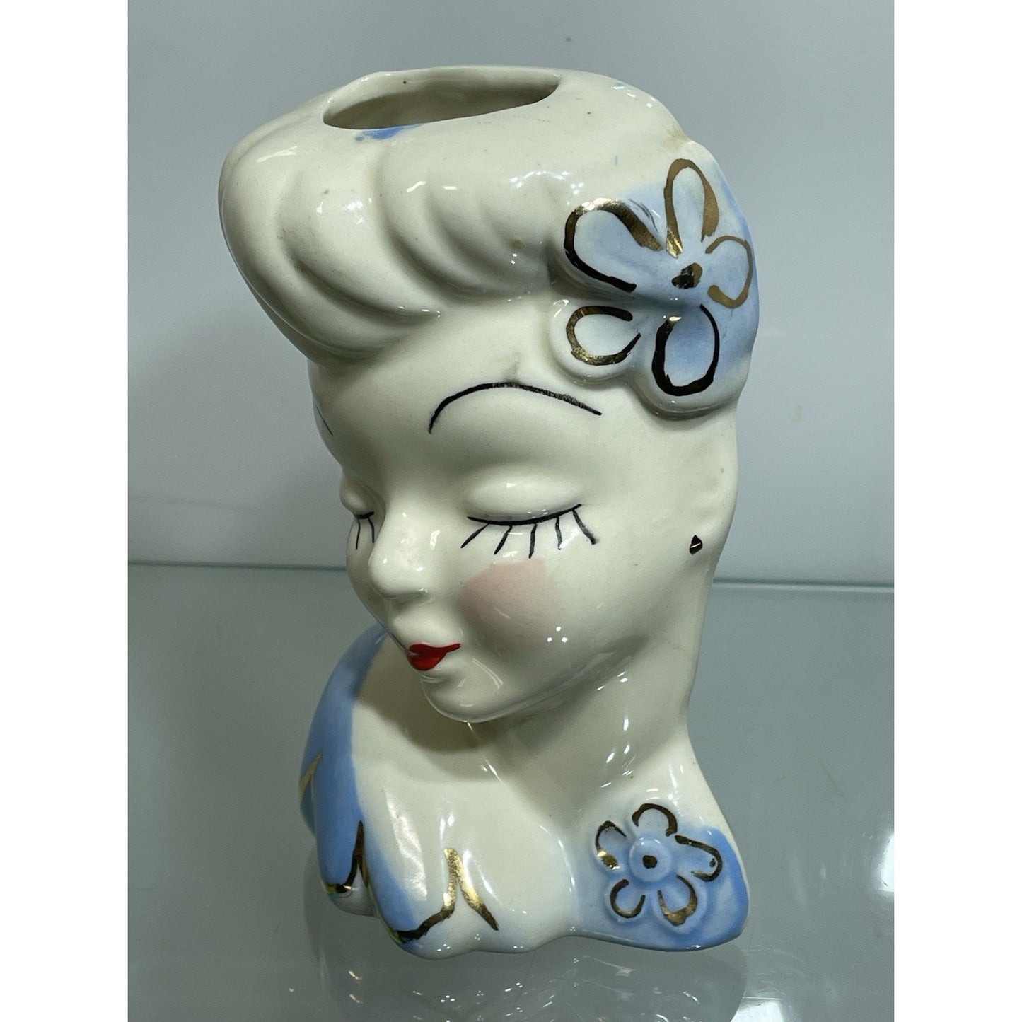 Vintage MCM Betty Grable Glamour Girl Lady Head Vase Wall Pocket Blue Dress 6”