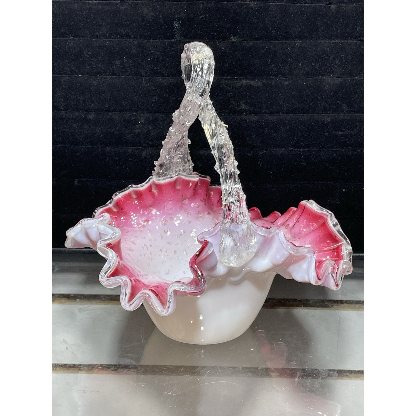 Antique Victorian Pink Cased Basket w Thron Handle - Silver flakes 7.5" tall