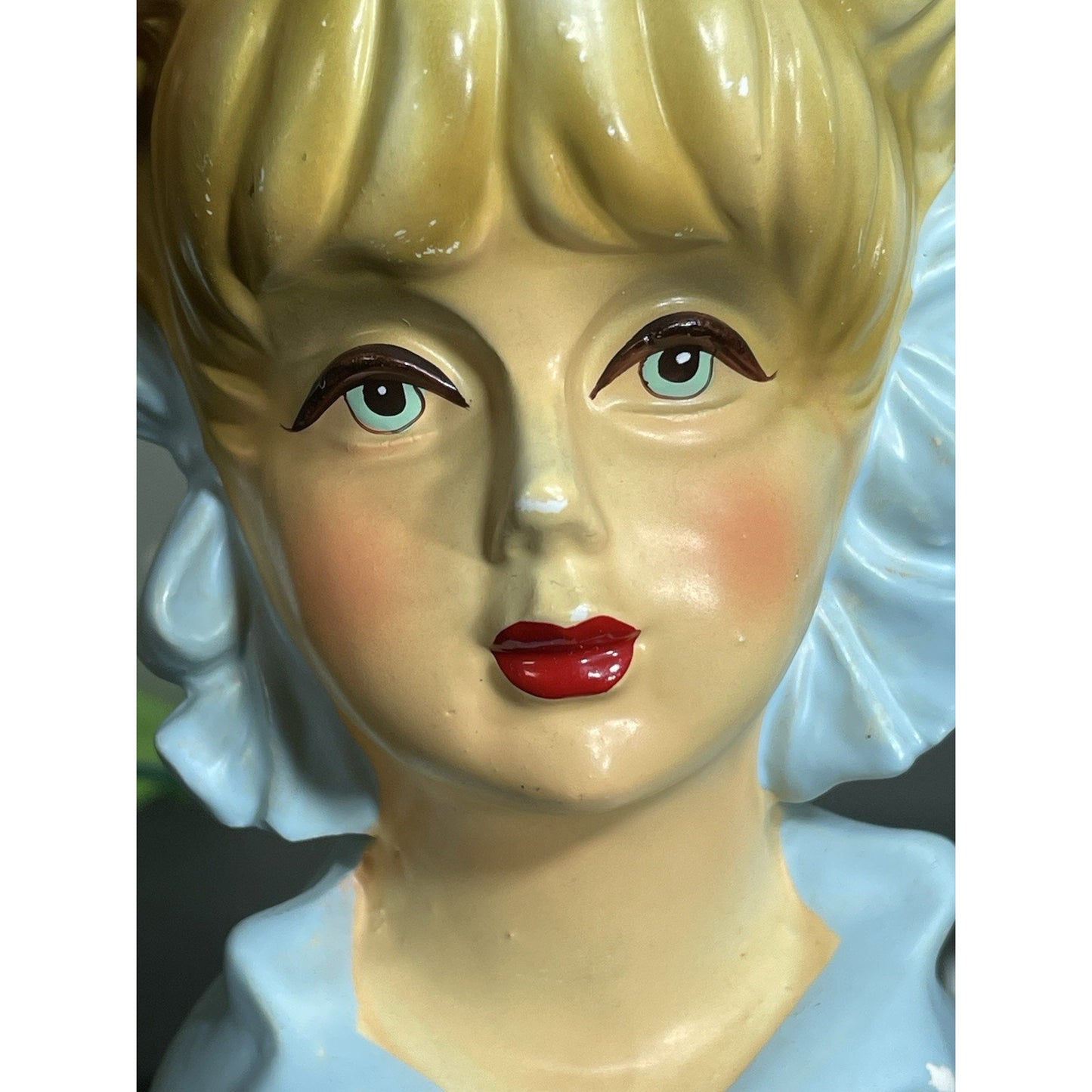 Rare Vintage 50's Rubens Originals Lady Head Vase 4121 Blonde Curls Blue Bows 5.