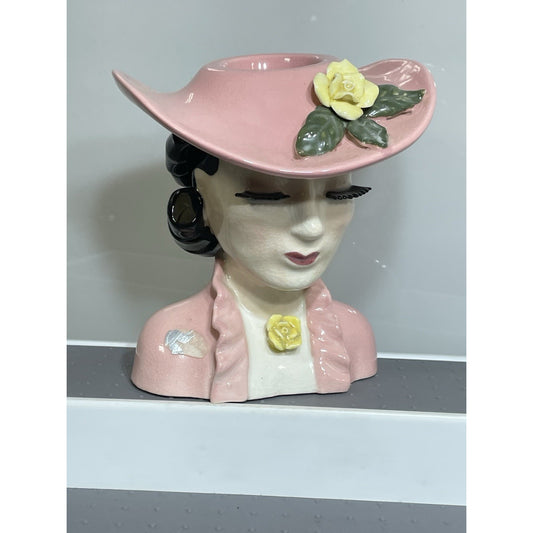 Vintage Lefton Lady Head Vase Betty Lou Nichols 1950’s Pink Hat Black Curls 5.5"