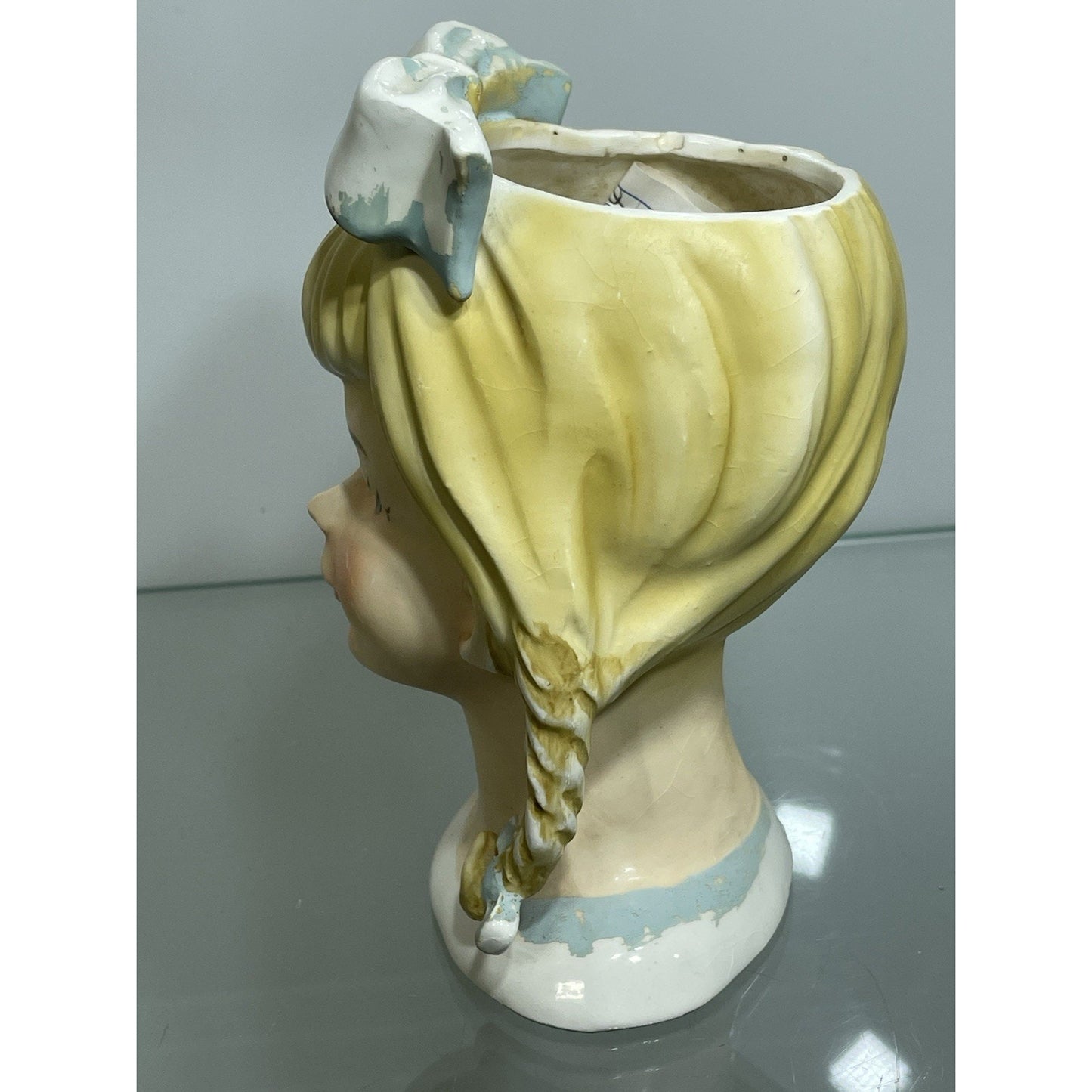 VTG LEFTON 4796 Blonde Teen Lady Head Vase 5 3/4" Bows Pigtails Braids 1950's