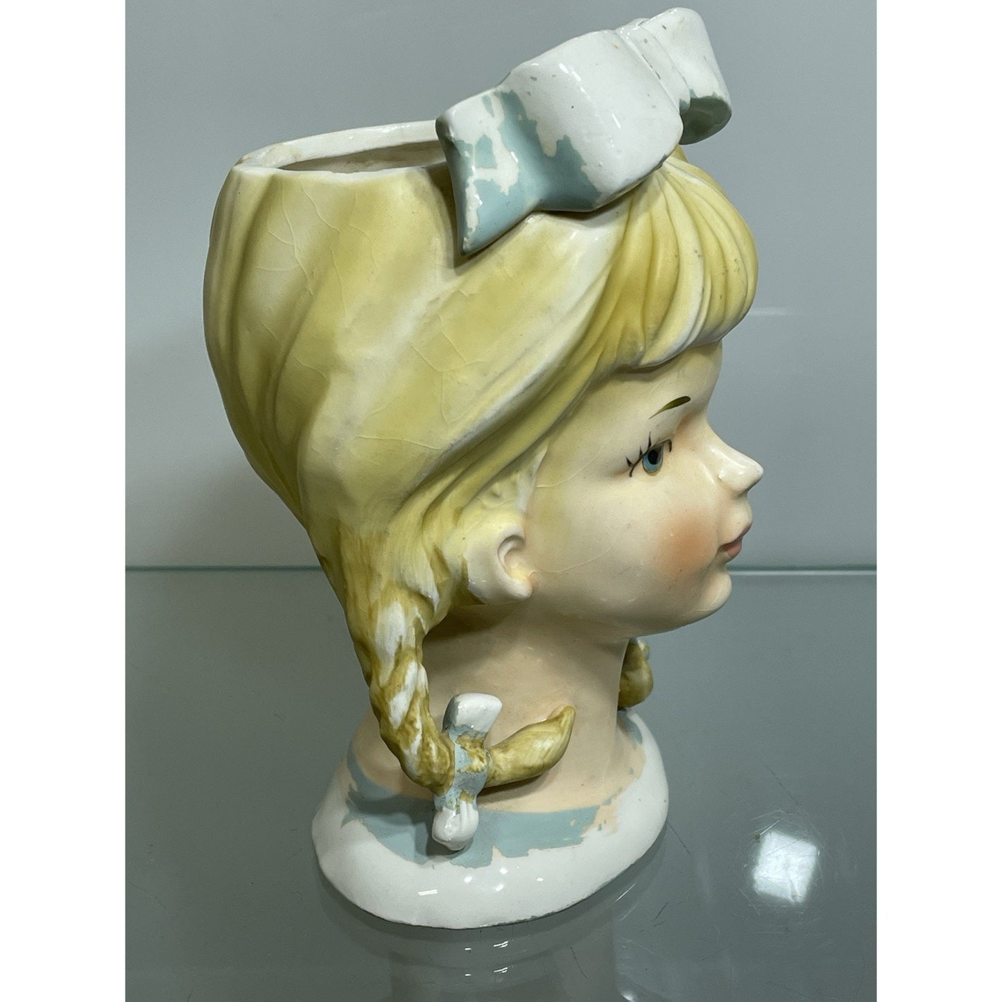 VTG LEFTON 4796 Blonde Teen Lady Head Vase 5 3/4" Bows Pigtails Braids 1950's