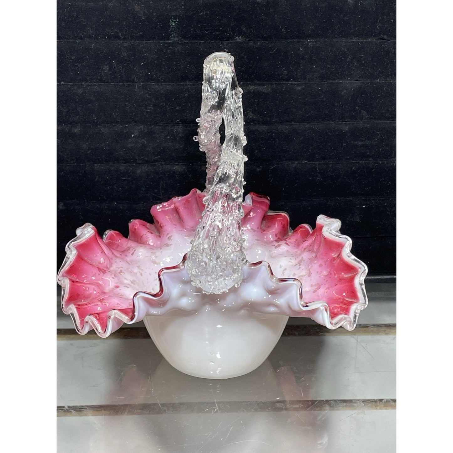 Antique Victorian Pink Cased Basket w Thron Handle - Silver flakes 7.5" tall