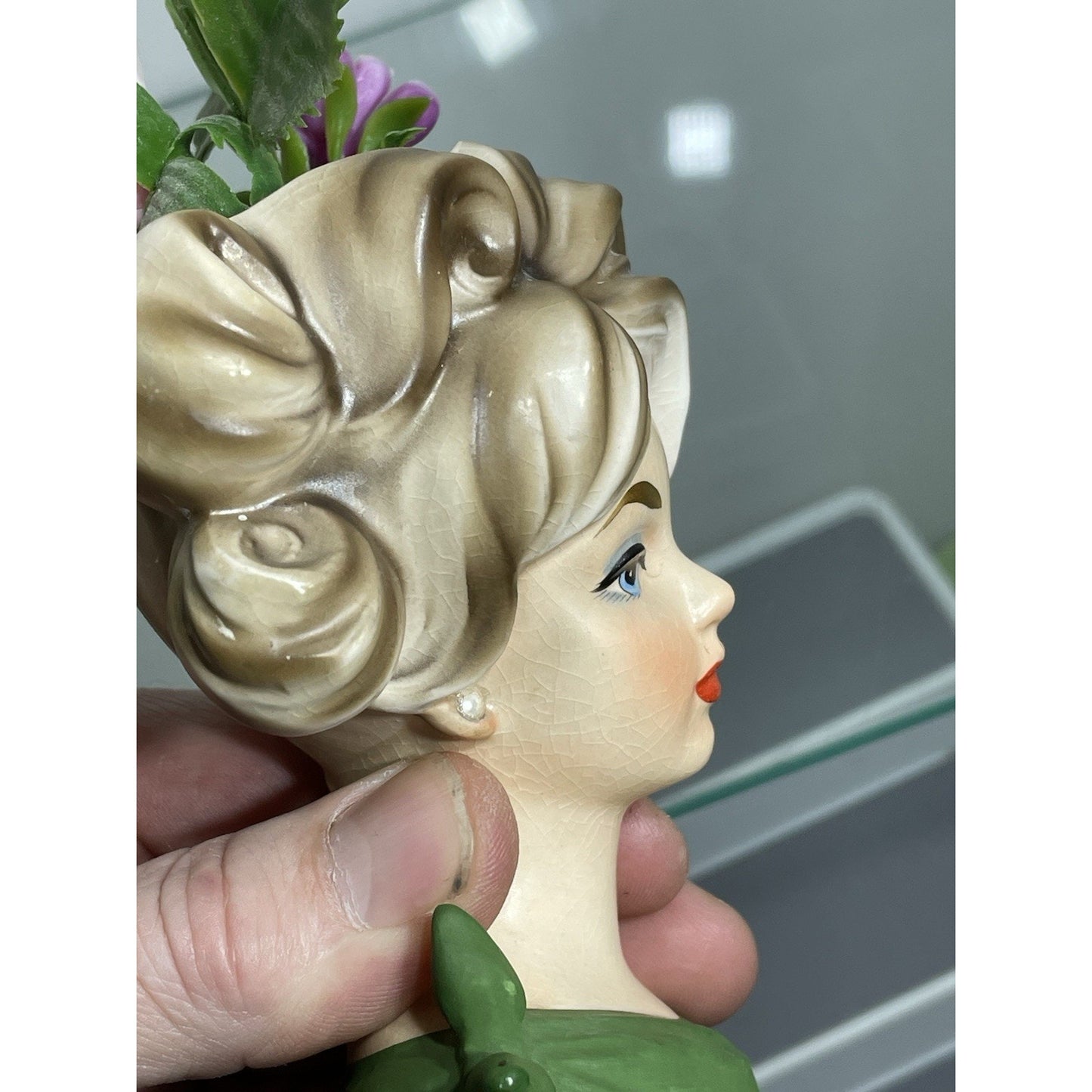NAPCOWARE stamped YOUNG LADY HEAD VASE GREEN C 7313 4.5" BLUE EYES Japan N. Mint