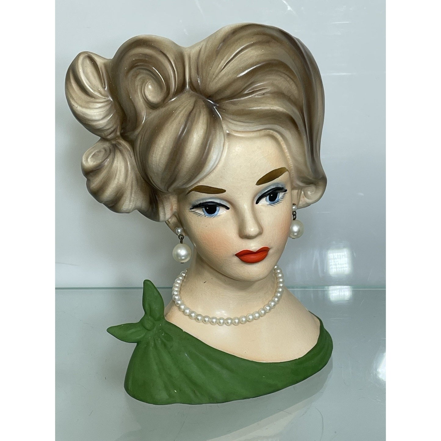 NAPCOWARE stamped YOUNG LADY HEAD VASE GREEN C 7294 7.5" BLUE EYES Japan N. Mint
