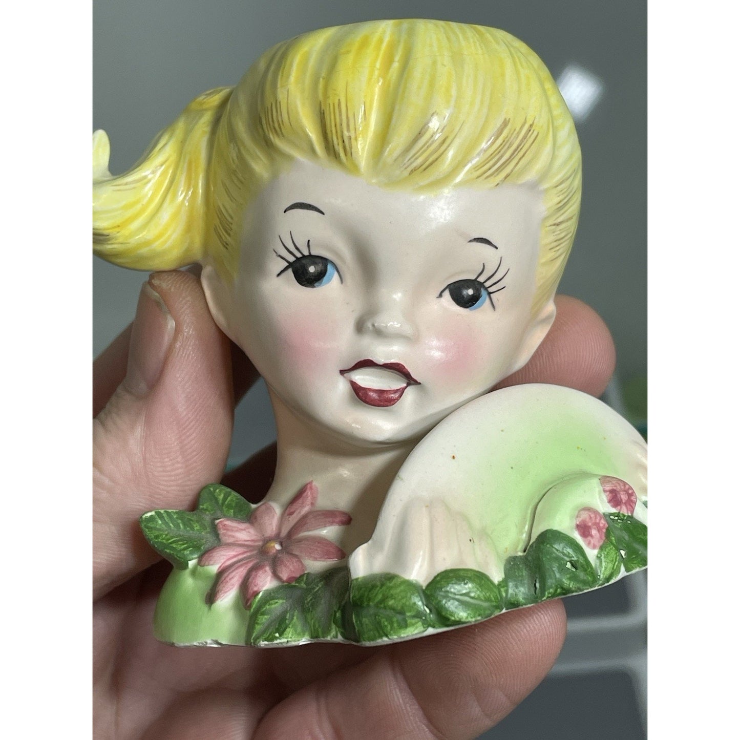 1950’s ENSCO Young Lady Head Vase Blonde Pony Tail Green Dress 3.5" Tall