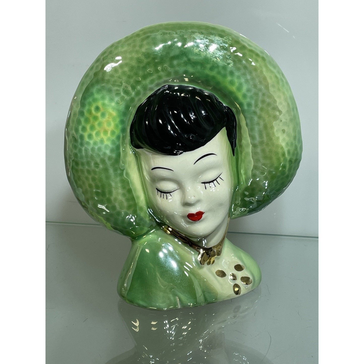 Vtg 1940 Lady Head Vase Wall Pocket Iridescent Pink Gold Red Lips asian Lot of 2