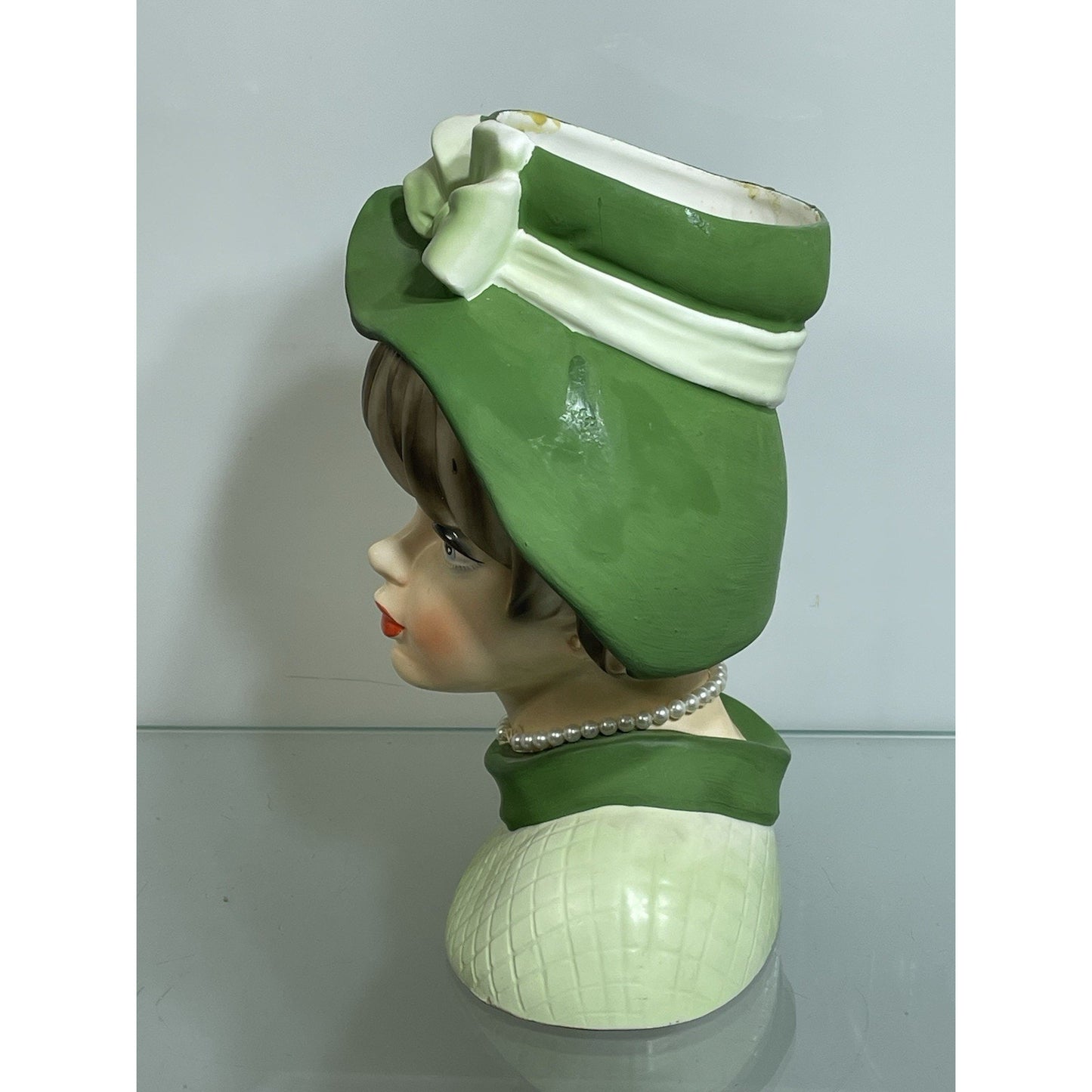Vintage NAPCOWARE C7496 Lady Head Vase Napco Green Headvase Pearls 8.75" X-Large