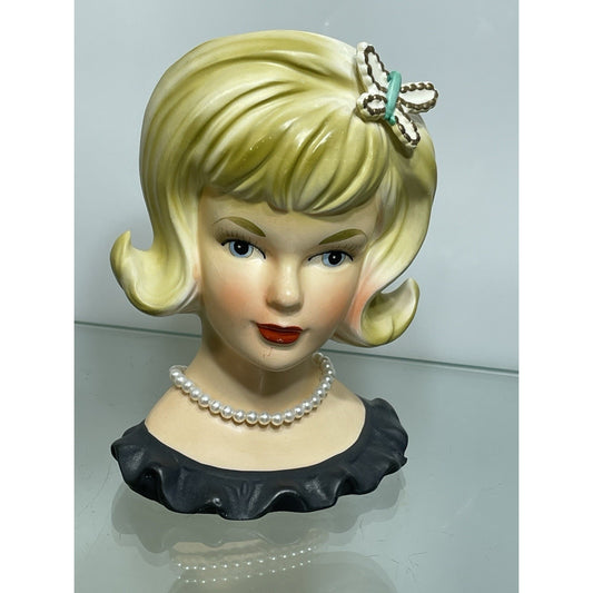 Vintage Lady Head Vase Parma A-172 1950 Blonde Pearl Necklace Butterfly Clip 5.5