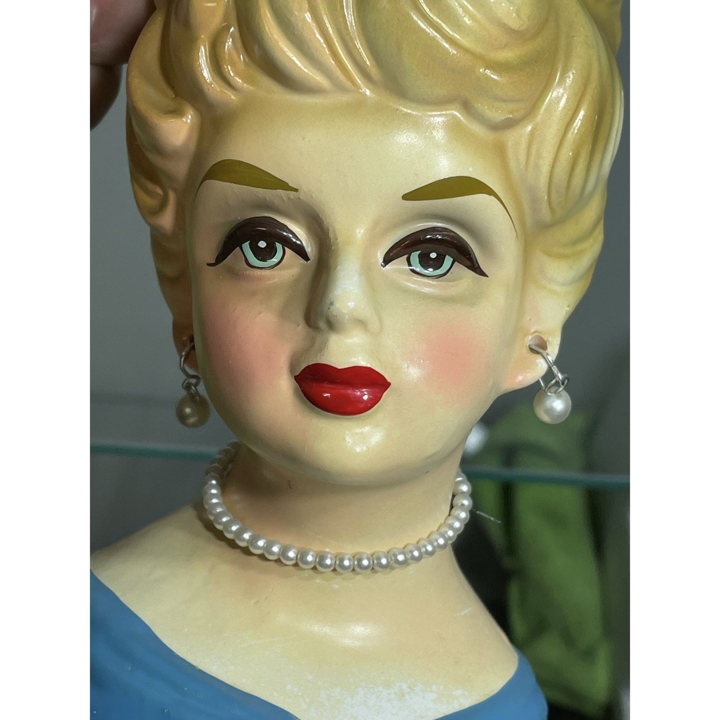 Rare 1950's Rubens Originals Lady Head Vase 4103 Blonde Curls Blue Dress 5.75"