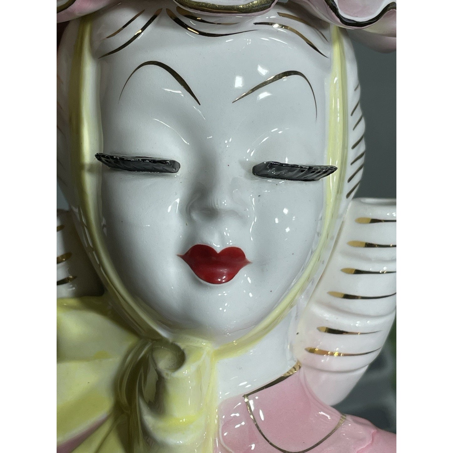 Vintage PINK LEFTON BARBARA lady head vase Yellow ribbon bow 5" inch
