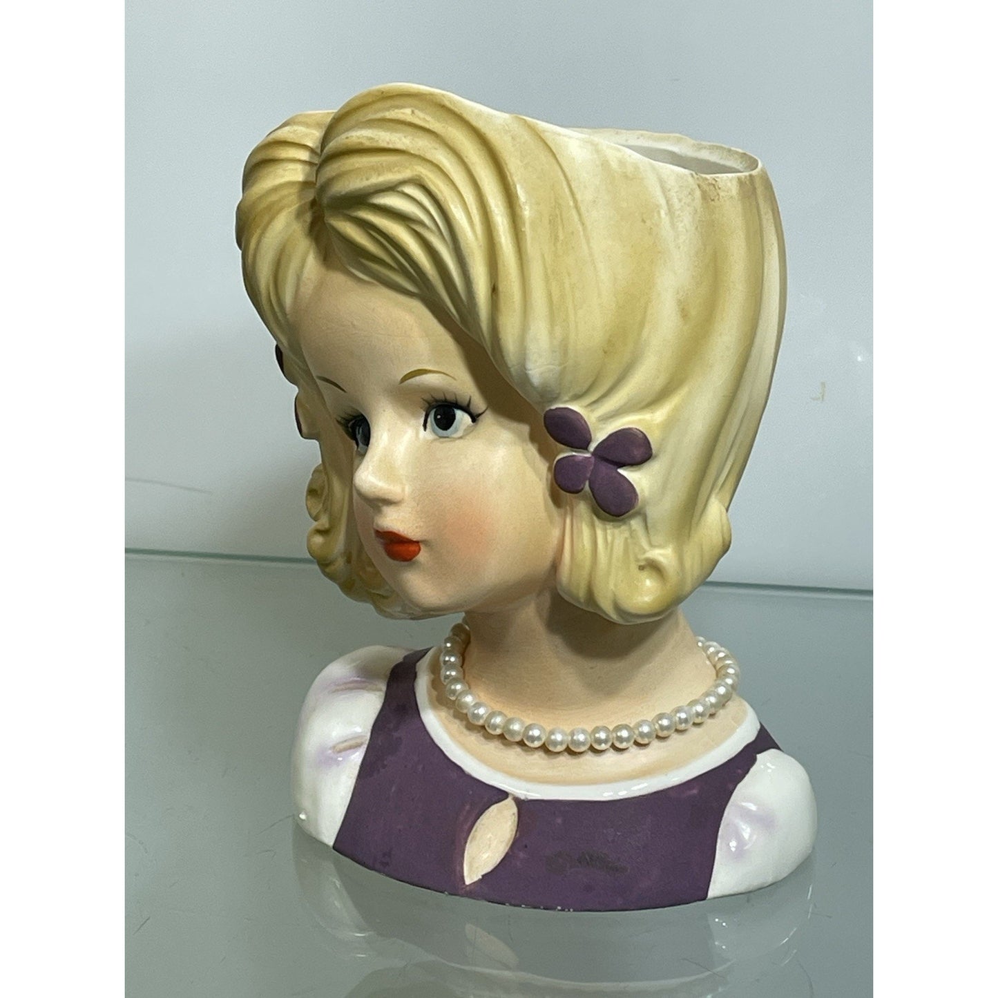 Vintage Lark Lady Blonde Purple Dress Head Vase With Pearls, Purple Flowers 5.75