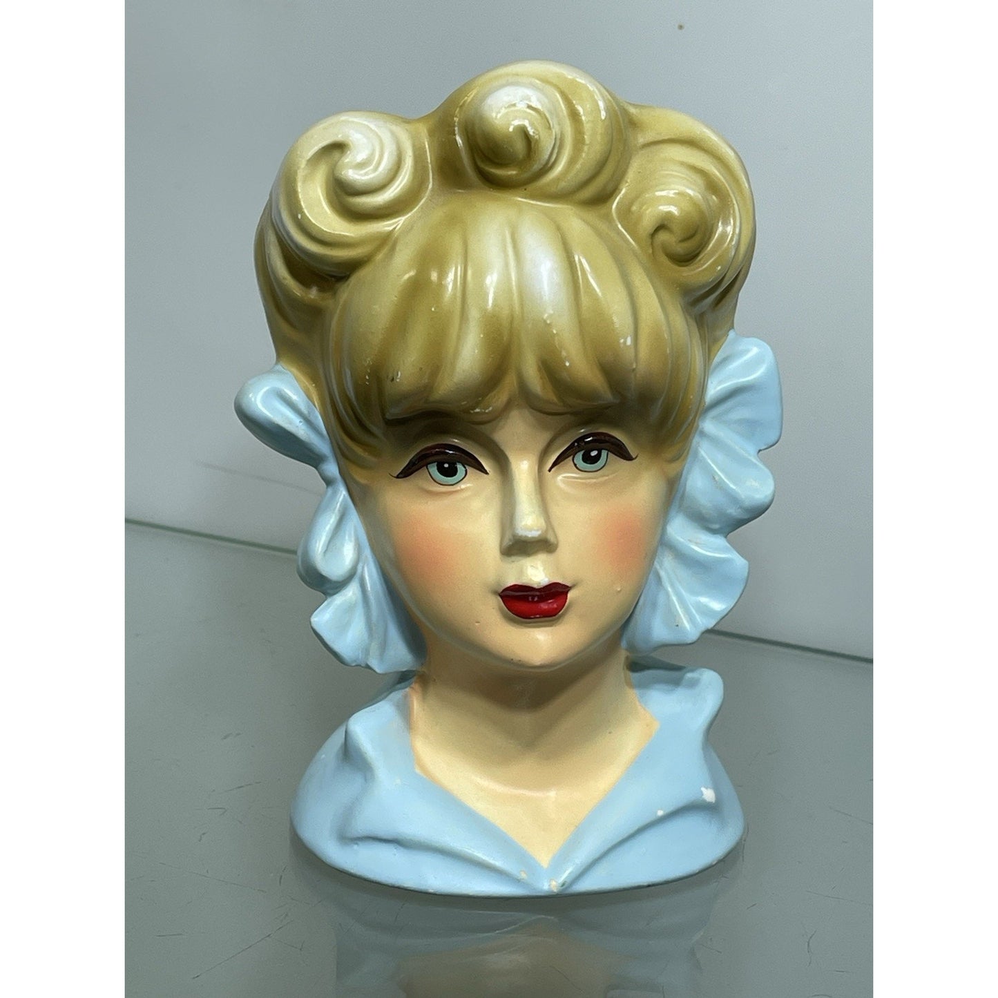 Rare Vintage 50's Rubens Originals Lady Head Vase 4121 Blonde Curls Blue Bows 5.