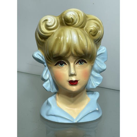 Rare Vintage 50's Rubens Originals Lady Head Vase 4121 Blonde Curls Blue Bows 5.