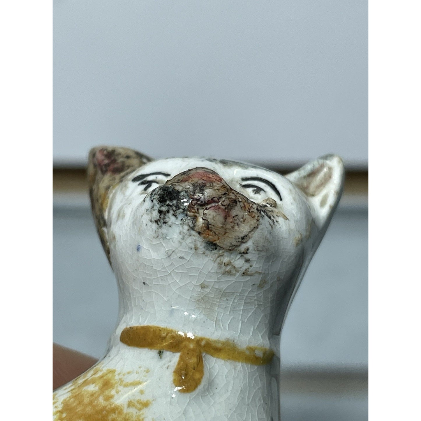 Antique Staffordshire Sponge ware Cat 3.5” Figurine Pottery c1800s Orange Black