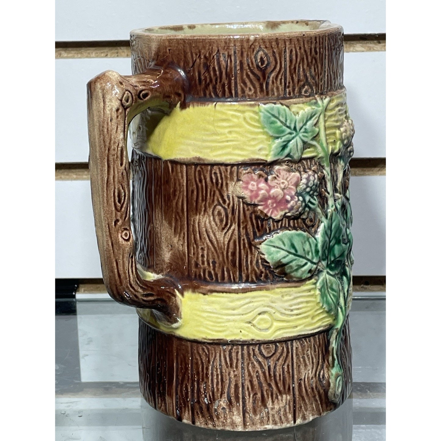 Antique English Majolica Wood and Blossoms Berries Pitcher c.1880's 7" Tall