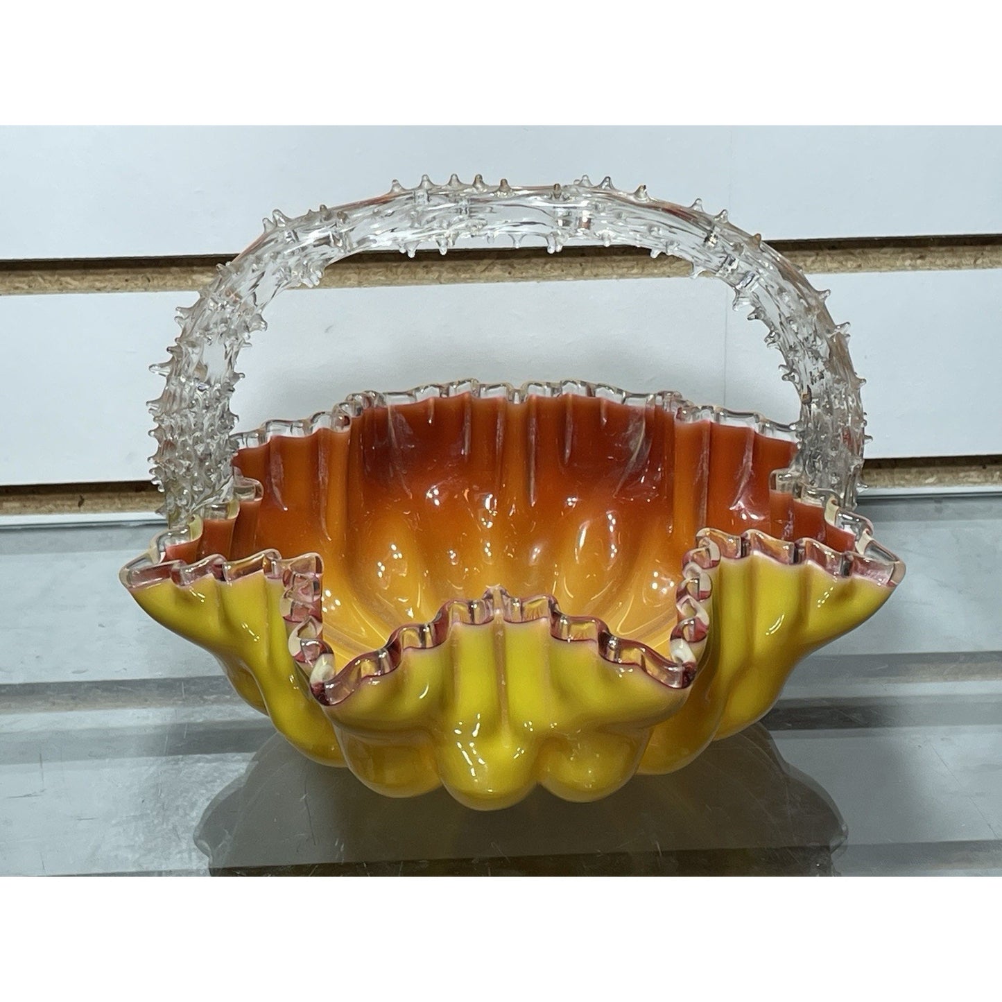 ANTIQUE STEVENS & WILLIAMS AMBERINA YELLOW CASE GLASS BASKET THRON HANDLE UV Glo