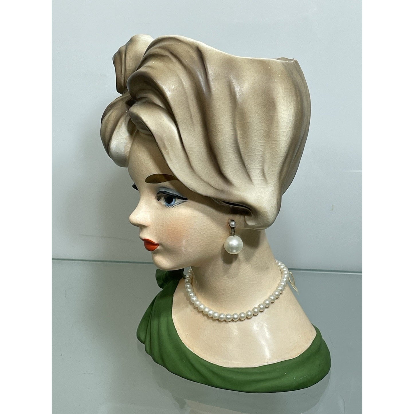 NAPCOWARE stamped YOUNG LADY HEAD VASE GREEN C 7294 7.5" BLUE EYES Japan N. Mint