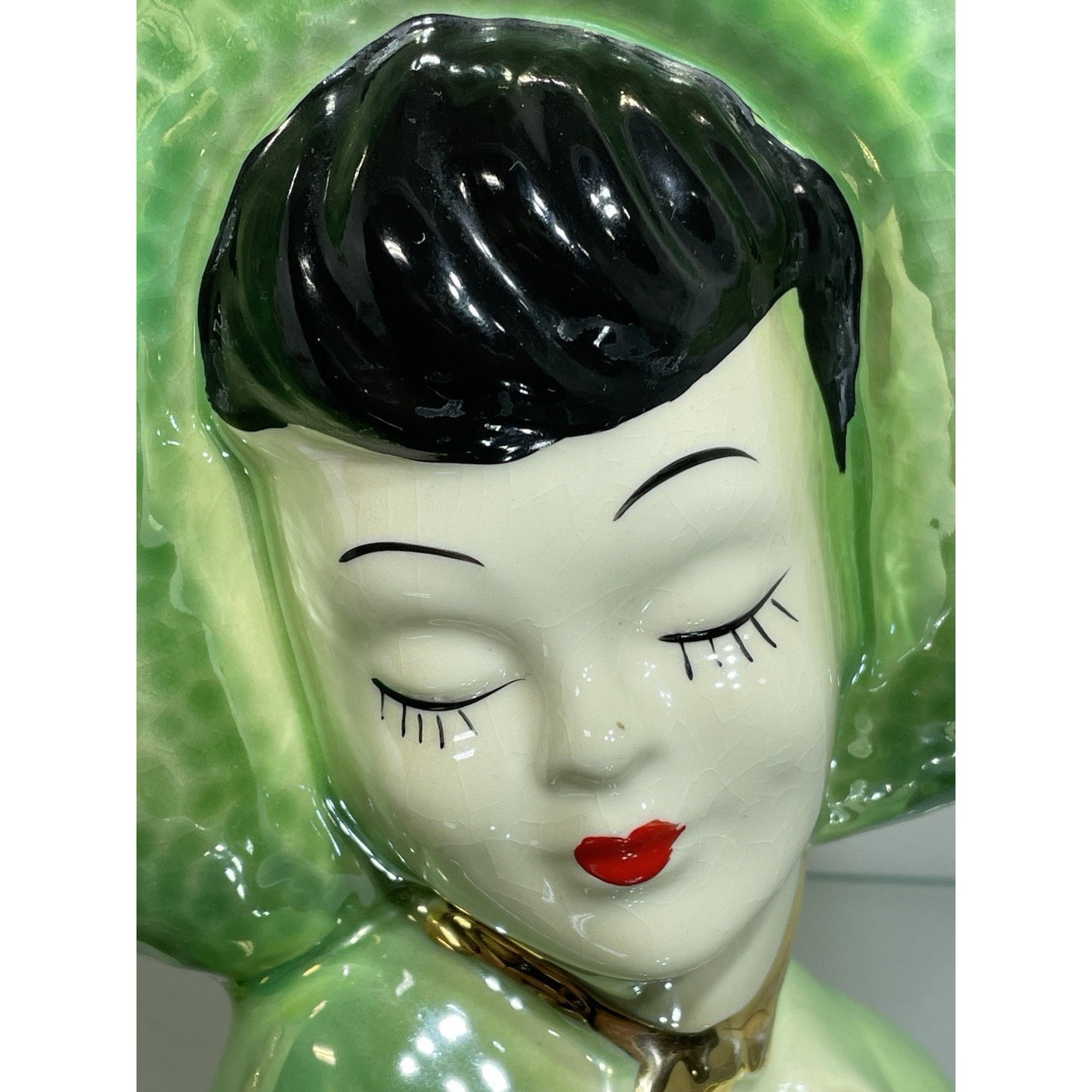 Vtg 1940 Lady Head Vase Wall Pocket Iridescent Pink Gold Red Lips asian Lot of 2