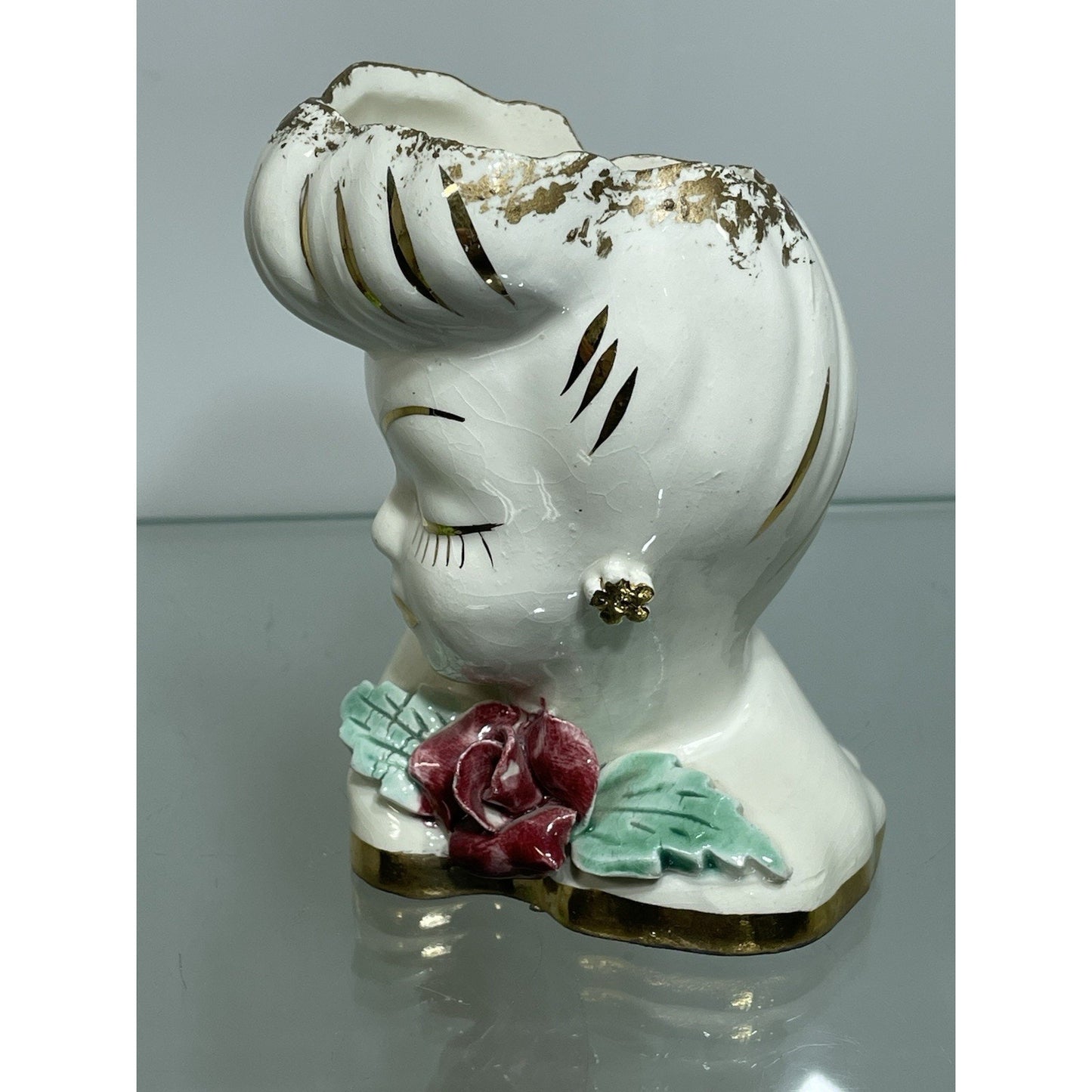 VINTAGE BETTY GRABLE LADY HEAD VASE 4” Tall Lewis Weil GLAMOUR GIRL Gold Trim