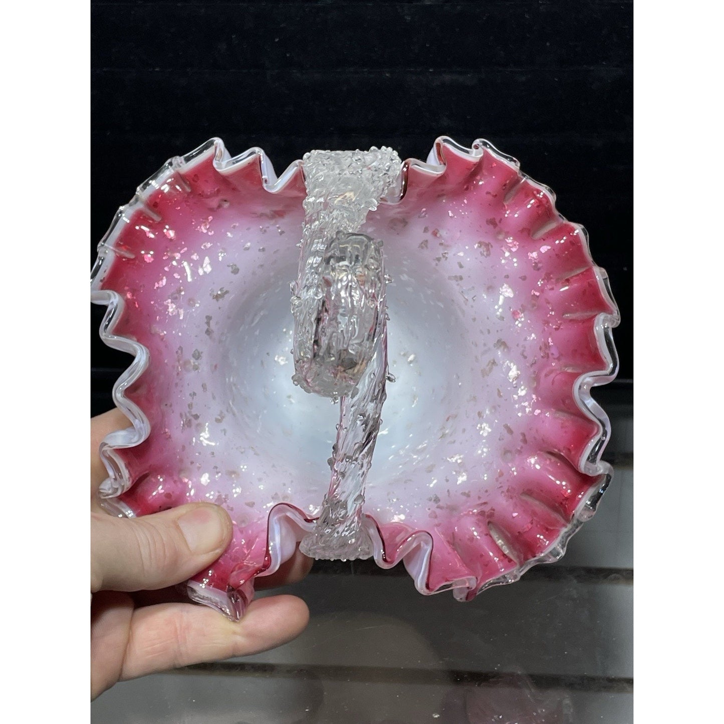 Antique Victorian Pink Cased Basket w Thron Handle - Silver flakes 7.5" tall