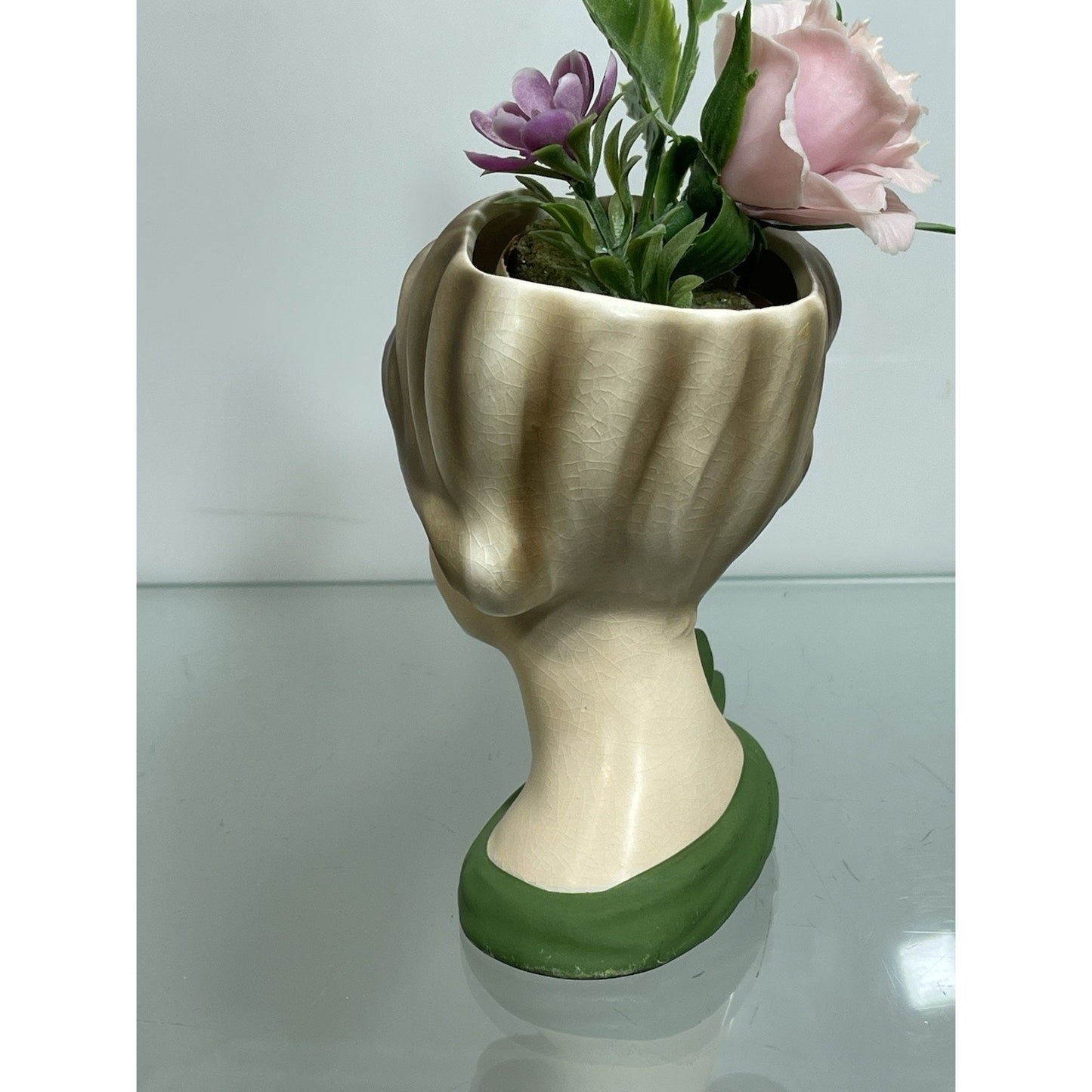 NAPCOWARE stamped YOUNG LADY HEAD VASE GREEN C 7313 4.5" BLUE EYES Japan N. Mint