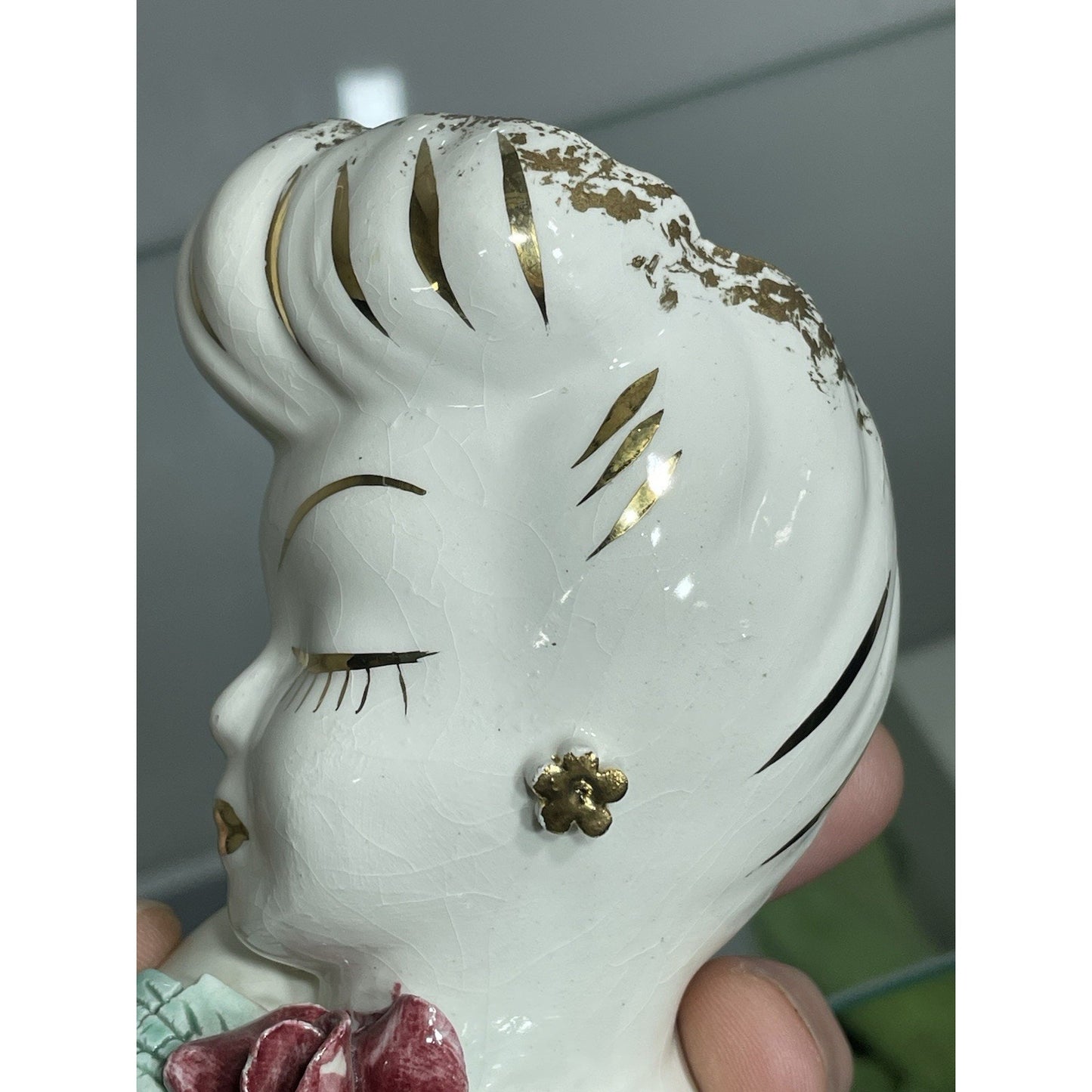 VINTAGE BETTY GRABLE LADY HEAD VASE 4” Tall Lewis Weil GLAMOUR GIRL Gold Trim