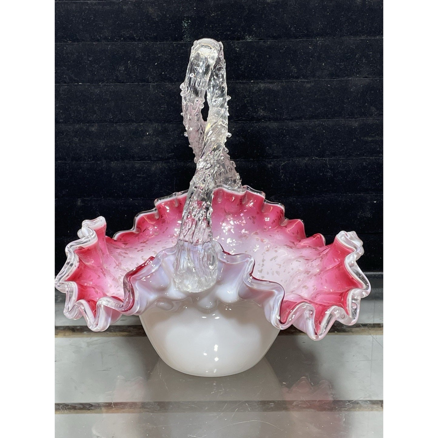 Antique Victorian Pink Cased Basket w Thron Handle - Silver flakes 7.5" tall