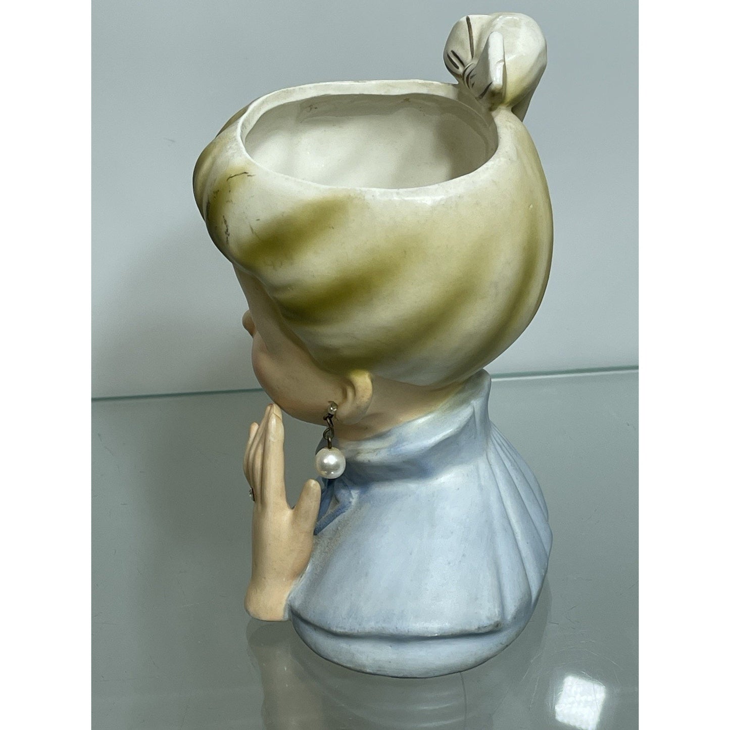 1950’s NAPCO Young Lady Head Vase Blonde Pony Tail Lady C5037 Blue dress 6 1/8"