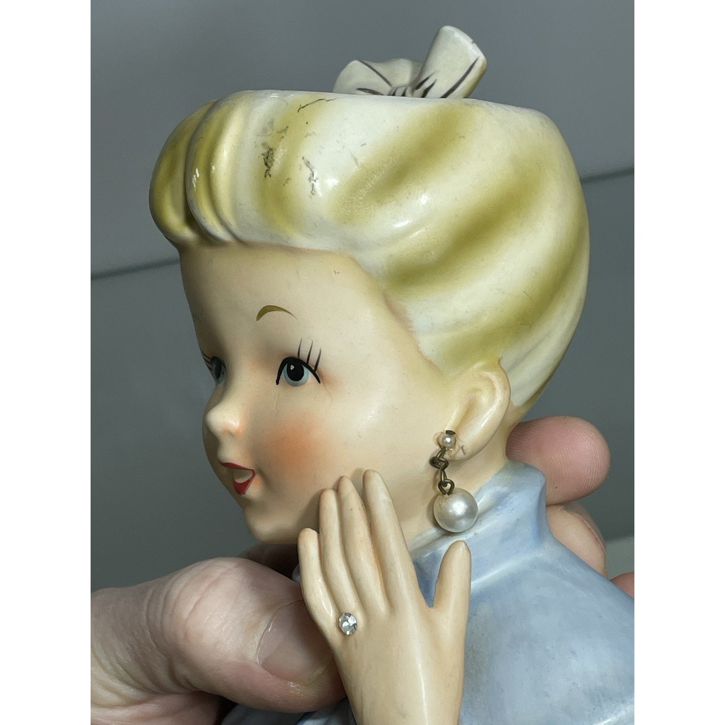 1950’s NAPCO Young Lady Head Vase Blonde Pony Tail Lady C5037 Blue dress 6 1/8"