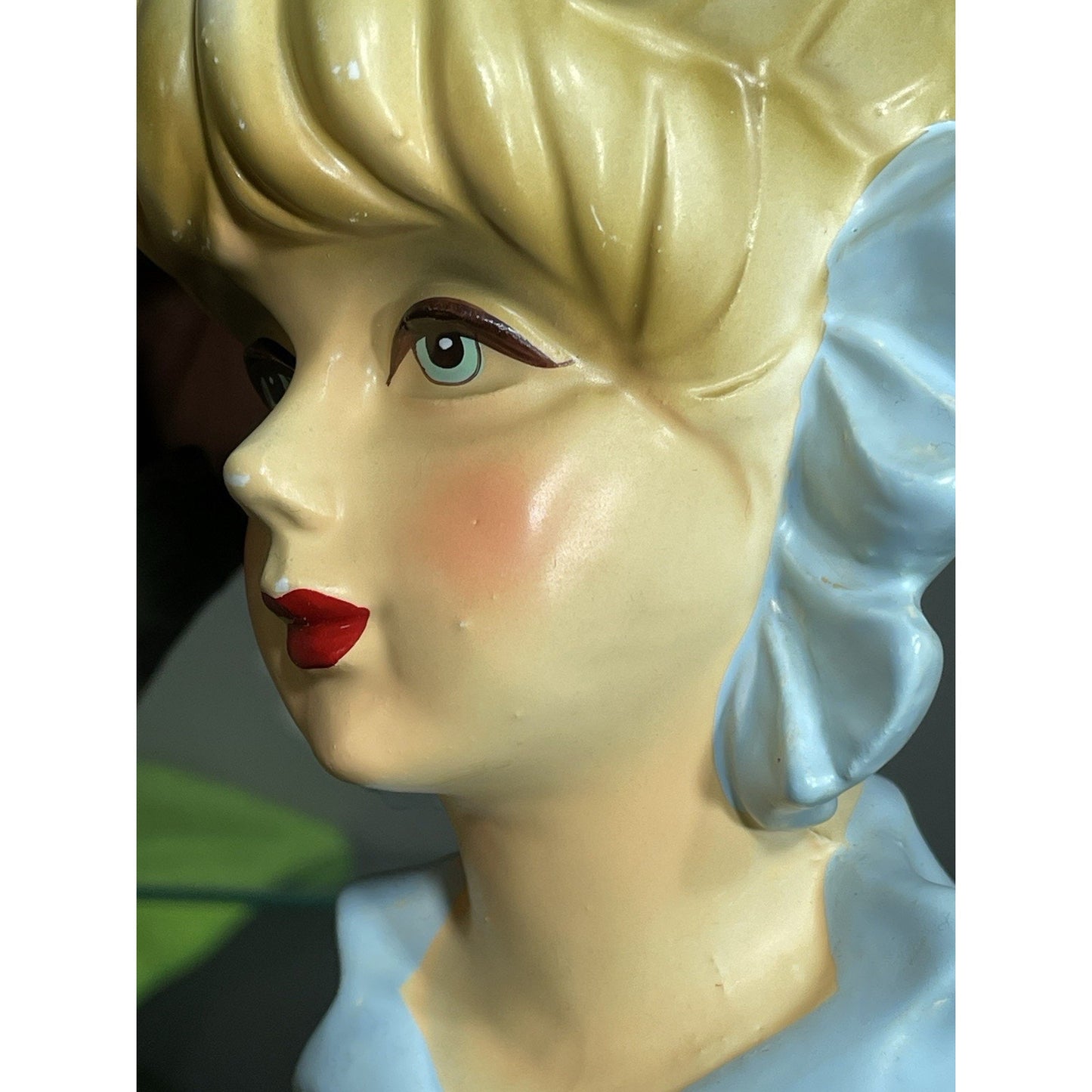 Rare Vintage 50's Rubens Originals Lady Head Vase 4121 Blonde Curls Blue Bows 5.