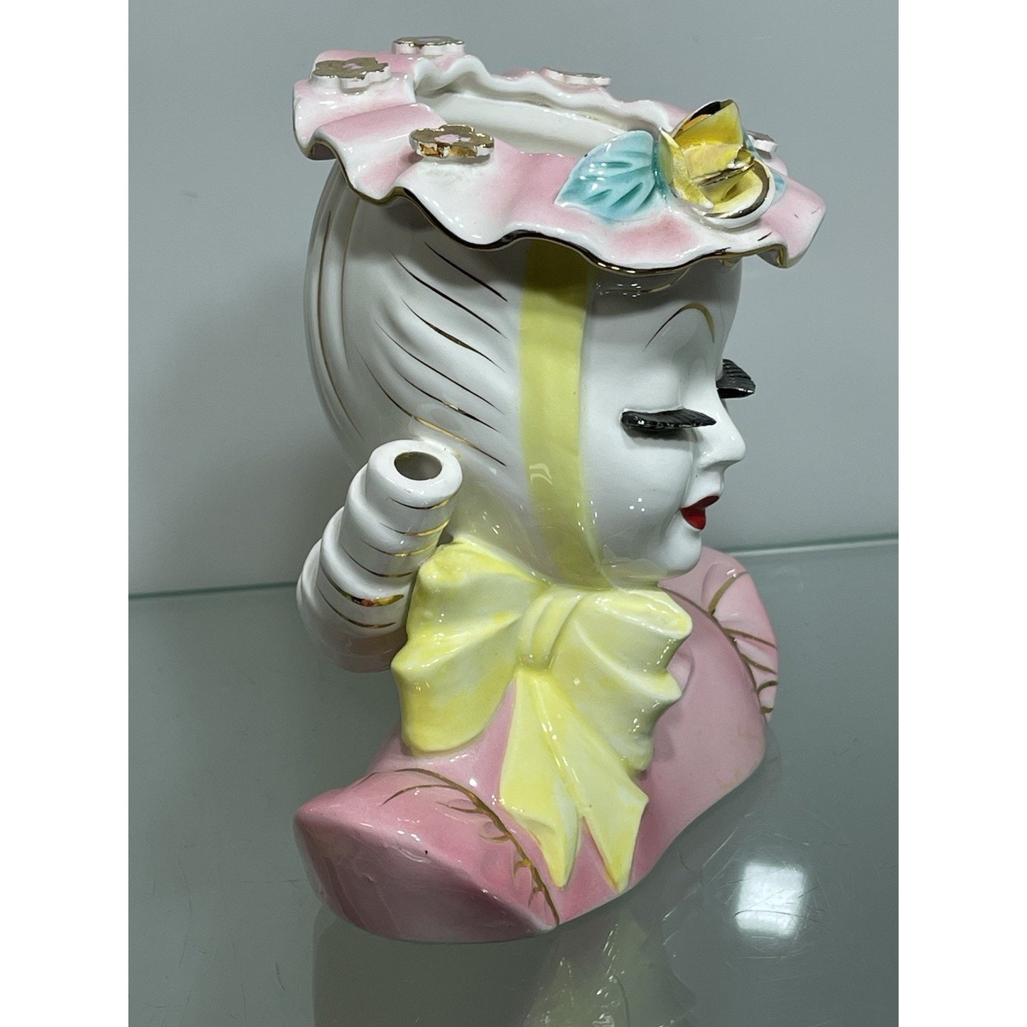 Vintage PINK LEFTON BARBARA lady head vase Yellow ribbon bow 5" inch