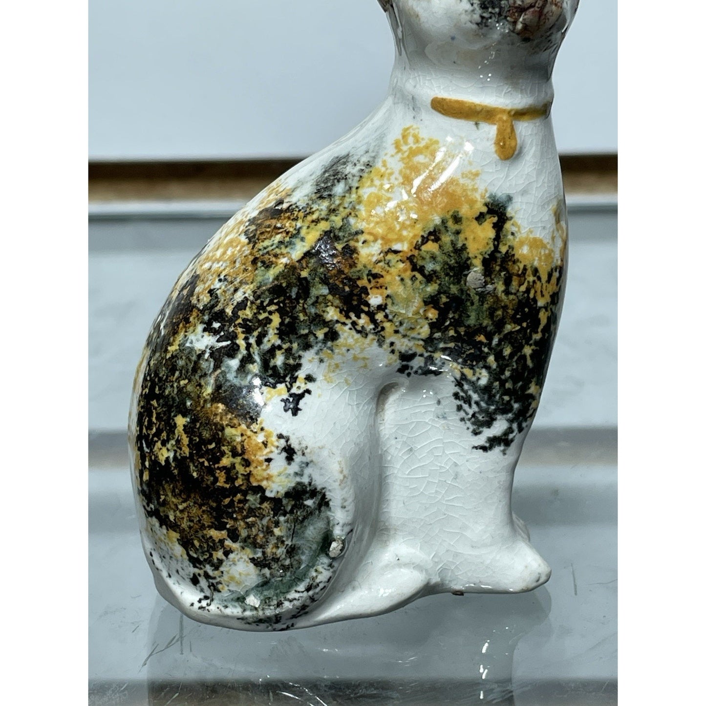 Antique Staffordshire Sponge ware Cat 3.5” Figurine Pottery c1800s Orange Black