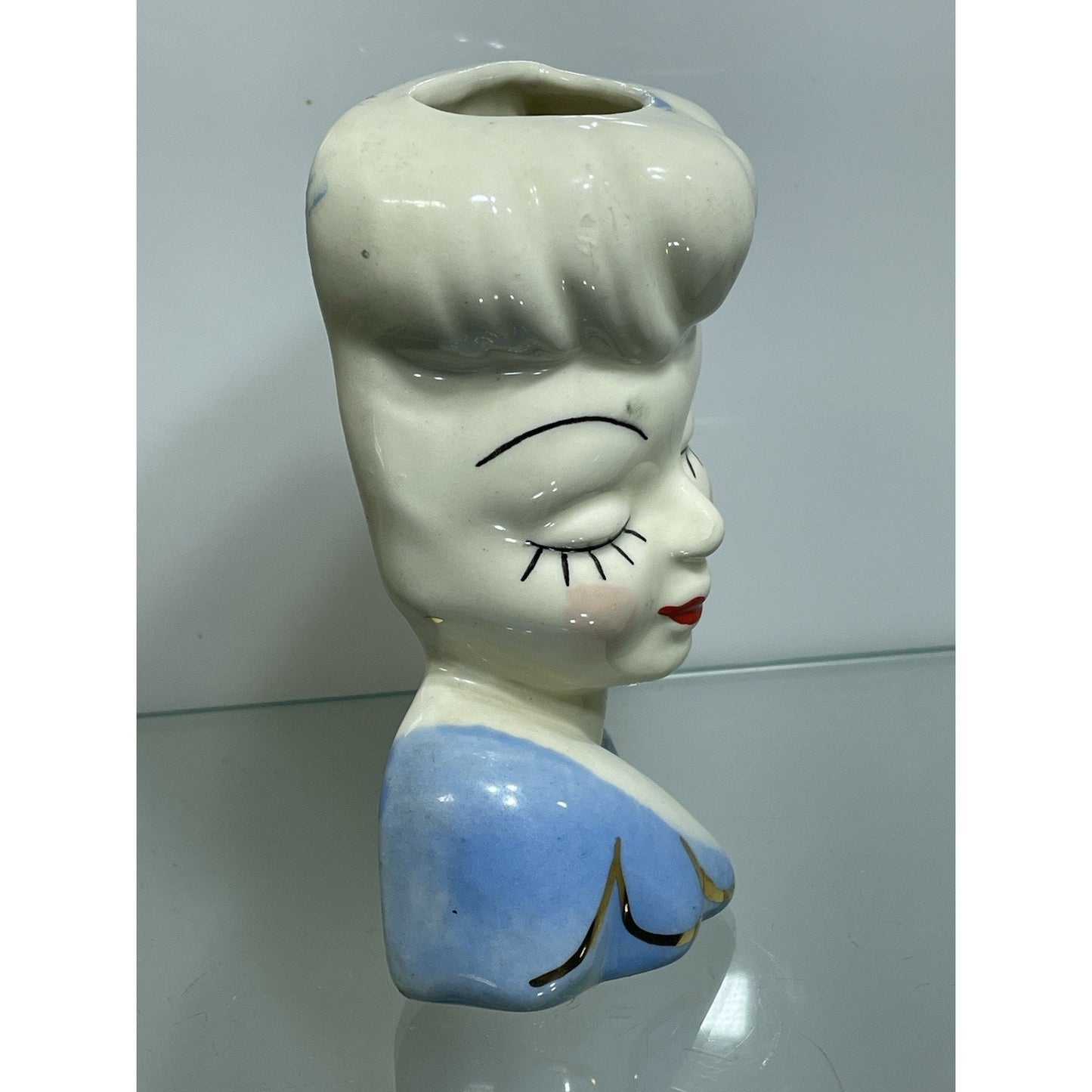 Vintage MCM Betty Grable Glamour Girl Lady Head Vase Wall Pocket Blue Dress 6”