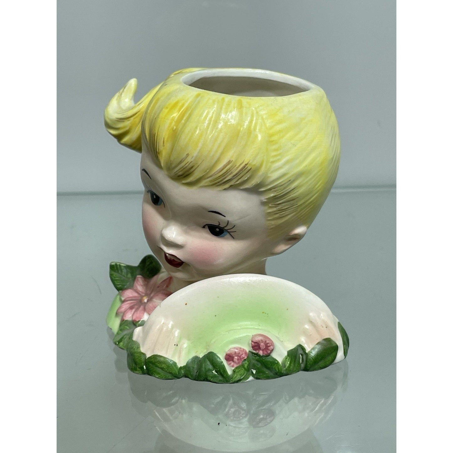 1950’s ENSCO Young Lady Head Vase Blonde Pony Tail Green Dress 3.5" Tall