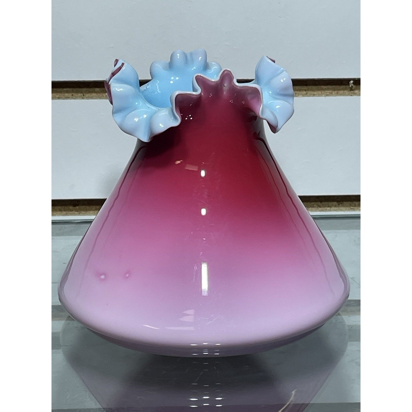 Antique Pink Wild Rose Peachblow Satin Vase Blue Interior RARE Crimped rim 5x5.7