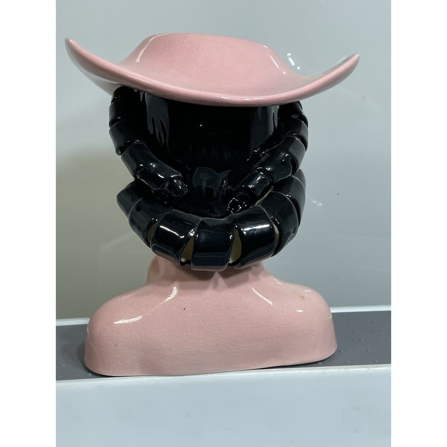 Vintage Lefton Lady Head Vase Betty Lou Nichols 1950’s Pink Hat Black Curls 5.5"