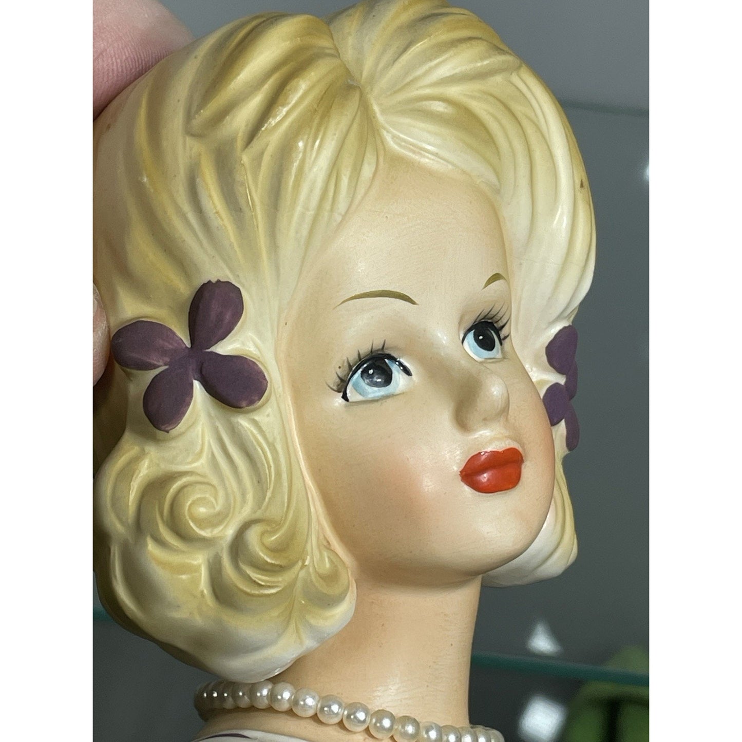 Vintage Lark Lady Blonde Purple Dress Head Vase With Pearls, Purple Flowers 5.75
