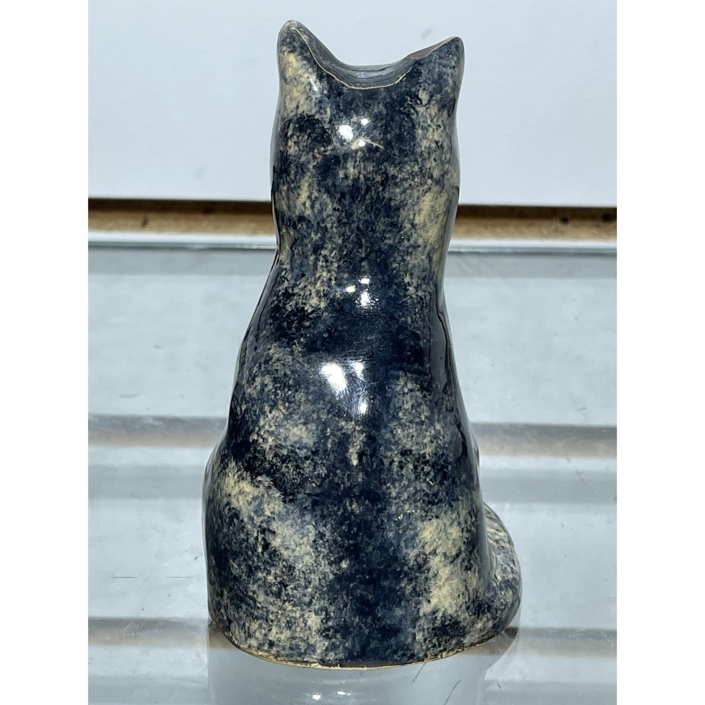 Antique Early Sponge ware Cat 4” Figurine Pottery 1900's gloss blue & tan