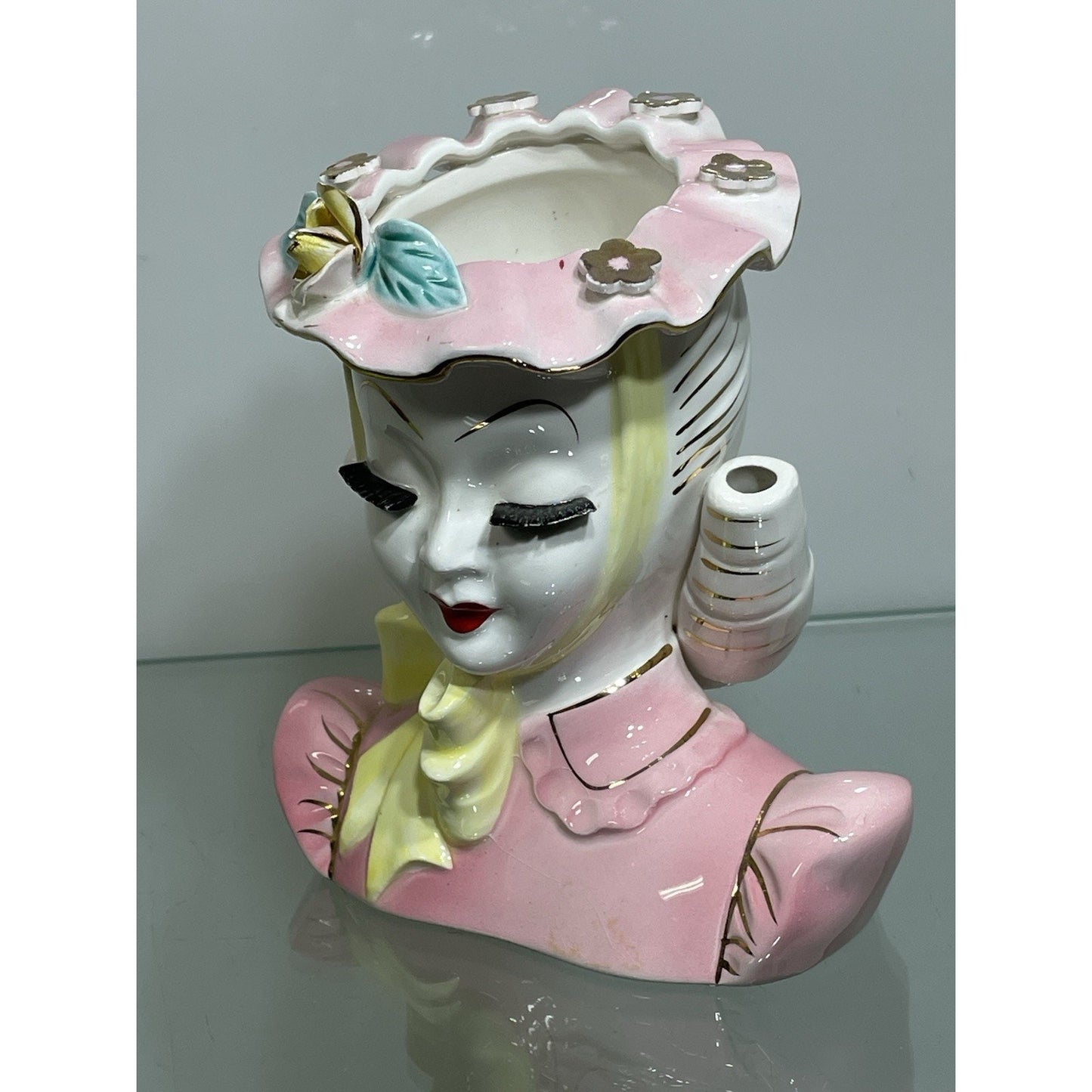 Vintage PINK LEFTON BARBARA lady head vase Yellow ribbon bow 5" inch