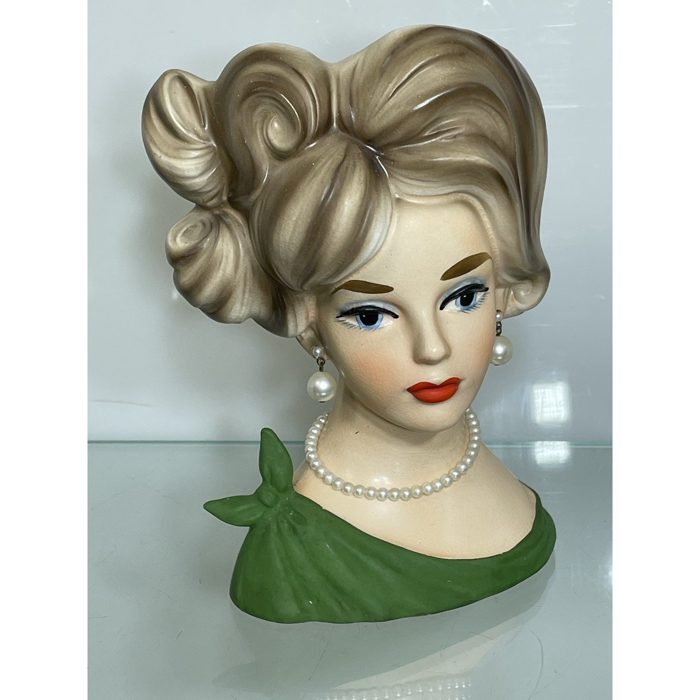 NAPCOWARE stamped YOUNG LADY HEAD VASE GREEN C 7294 7.5" BLUE EYES Japan N. Mint