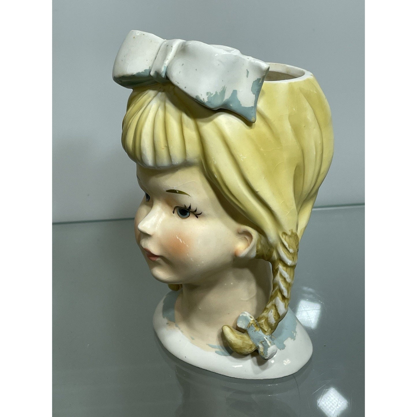 VTG LEFTON 4796 Blonde Teen Lady Head Vase 5 3/4" Bows Pigtails Braids 1950's