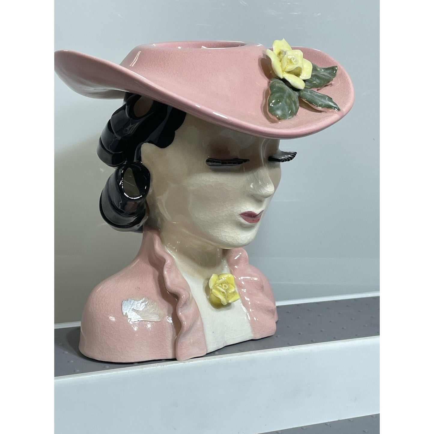 Vintage Lefton Lady Head Vase Betty Lou Nichols 1950’s Pink Hat Black Curls 5.5"