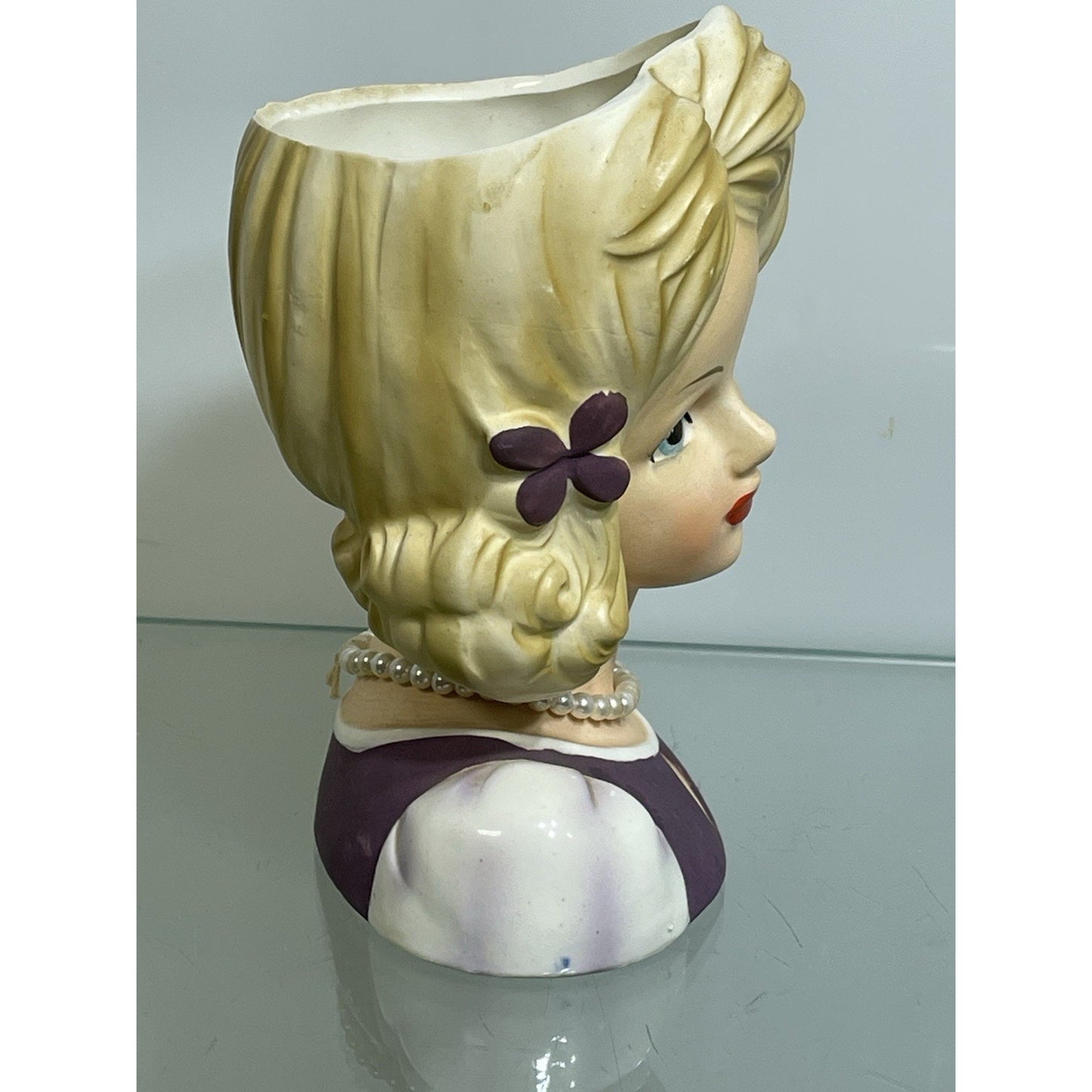 Vintage Lark Lady Blonde Purple Dress Head Vase With Pearls, Purple Flowers 5.75
