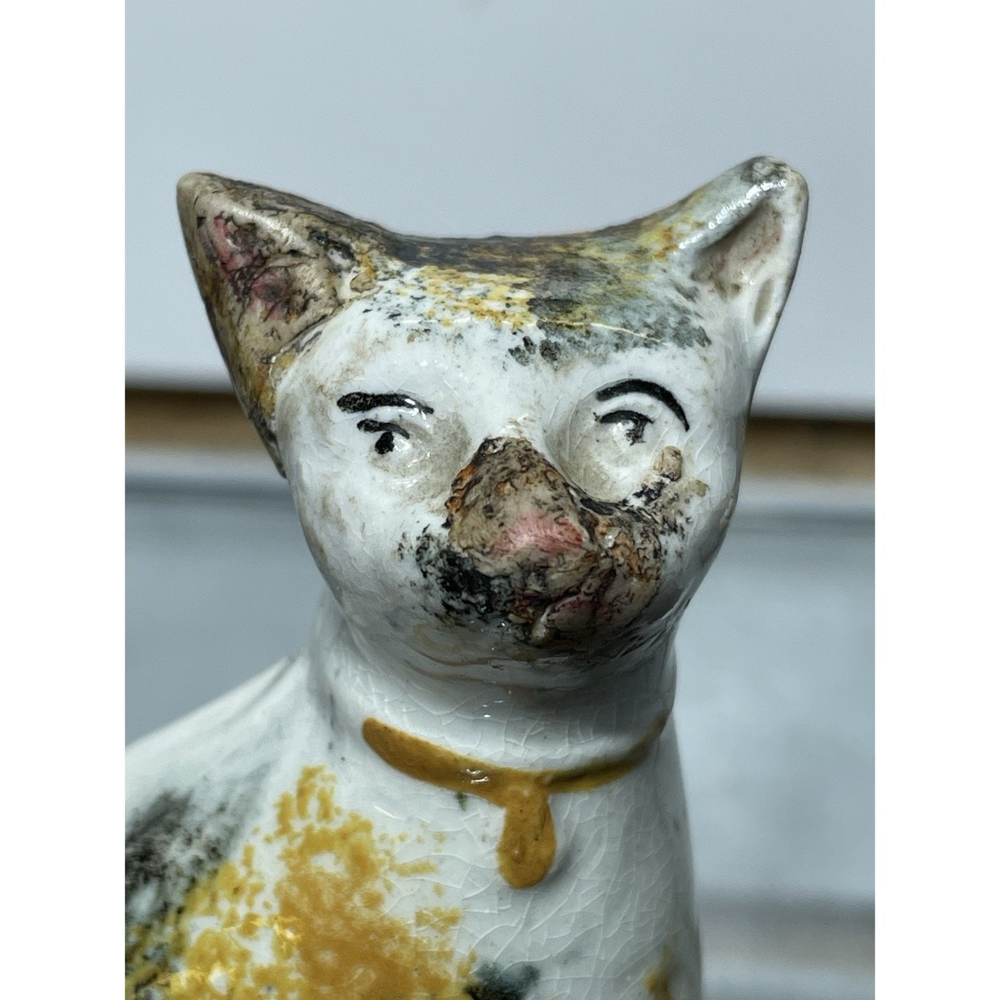 Antique Staffordshire Sponge ware Cat 3.5” Figurine Pottery c1800s Orange Black