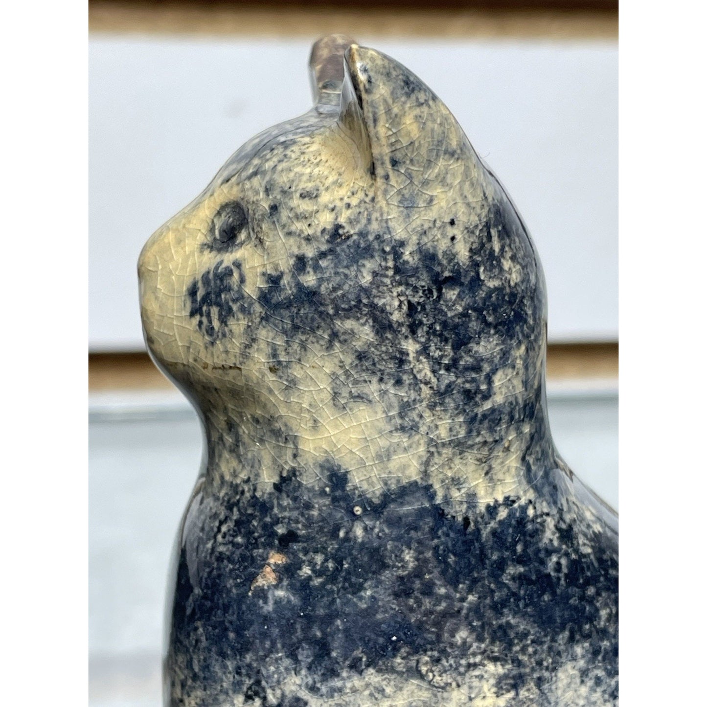 Antique Early Sponge ware Cat 4” Figurine Pottery 1900's gloss blue & tan